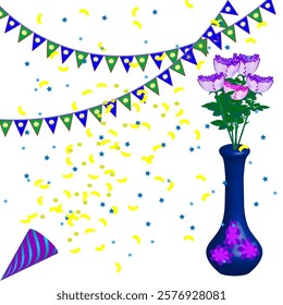 Vector graphics. Holiday card. On a white background, multi-colored confetti, a bouquet of roses in a blue vase and garlands of flags.