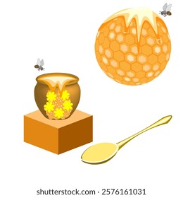 Vector graphics. Honey pot, honey spoon, bees flying, honeycomb sphere.