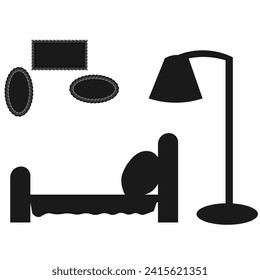 Vector graphics. Hotel business icon. On a white background there is a bed, a floor lamp, and paintings hanging on the wall.