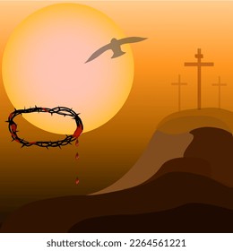 Gráficos vectoriales. El enorme sol con la silueta de un pájaro ilumina la montaña con tres cruces. En primer plano hay una corona de espinas con rastros y gotas de sangre.