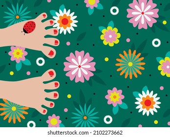 Vector graphics - human feet with painted nails and a crawling ladybug close-up on bright green grass with colorful decorative flowers. Concept - summer vacation