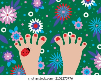 Vector graphics - human feet with painted nails and a crawling ladybug close-up on bright green grass with colorful decorative flowers. Concept - summer vacation
