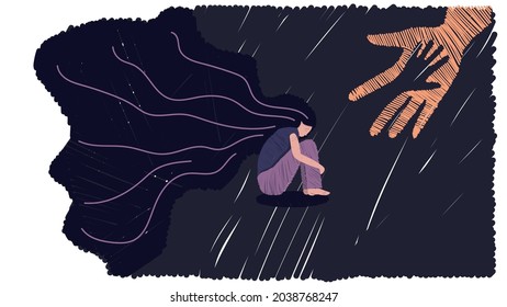 Gráficos vectoriales. La mano humana ayuda a la niña en la depresión. La mujer solitaria abraza sus rodillas con el pelo suelto. El concepto de tristeza, soledad, tristeza, depresión. Arte de línea plana, mujer caricaturista.