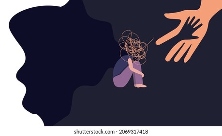 Vector graphics. Human hand helps a young girl in depression. Lonely woman hugs her knees with flowing hair. The concept of sadness, loneliness, sadness, depression. Flat illustration, cartoon female 