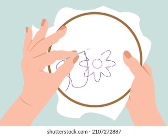 Vector graphics - human hands embroider a flower with a needle on a white fabric on a hoop close-up. Concept - manual craft and hobby