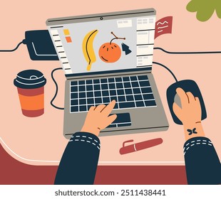 Vector graphics of human hands on a laptop at the table. The scene includes a cup of coffee, pen and computer mouse highlighting a graphic design freelancer workspace mockup. Flat style.