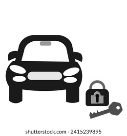 Vector graphics. Icon. Flat design. Vehicle safety and security. On a white background there is a car, a lock and a key.