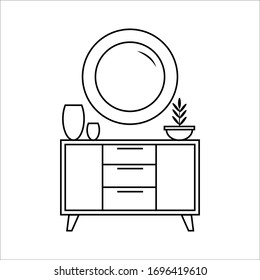 Vector graphics icon. Hallway chest of drawers with large mirror and flower pot. Furniture vector icon