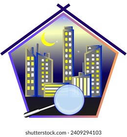 Vector graphics. Icon for real estate business. In an abstract house under the moon and stars there are various multi-storey buildings with luminous windows. Below is a magnifying glass.