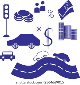 Vector graphics with icons symbolizing cars, finance, and economy. Includes vehicles, traffic lights, coins, dollar sign, percentage symbols, buildings, and a winding road. Minimalist flatdesign style