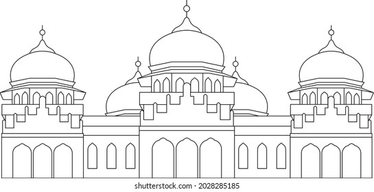 Vector graphics illustration of Baiturrahman Grand Mosque, a public building located in the center of Banda Aceh city, Aceh Province, Indonesia. svg