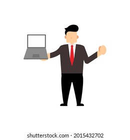 Vector graphics illustration of businessman character carrying laptop. Good for placing on business graphic assets