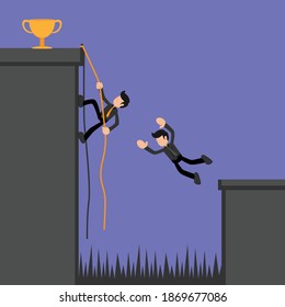 Gráficos vectoriales de la ilustración de un empresario escalando usando una cuerda para alcanzar un objetivo. Muy bueno para describir la competencia en la oficina.