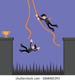 Vector graphics of illustration of a businessman swinging to reach a goal. Very good for describing competition in the office.