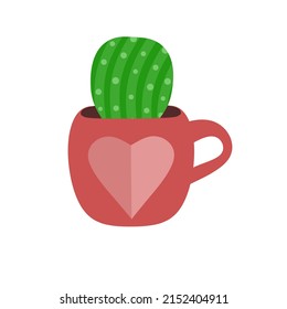 Ilustración gráfica vectorial de un cactus en una olla de vidrio rosa. dibujos animados adorables cactus planta con imagen de amor. En estilo plano. Perfecto para pegatinas, decoración en el hogar, portadas de libros infantiles y logotipos web.