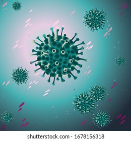 Vector graphics. Illustration.
China pathogen respiratory coronavirus  flu outbreak Microscopic view of floating influenza virus cells. Dangerous  virus,  pandemic risk.