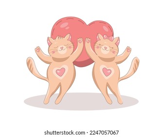 Vector graphics illustration of cute cats and a big heart for valentine's day on a white background suitable for stickers cards invitations