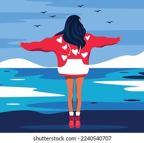 Vector graphics illustration design girl without a face in a hoodie sweater in nature on vacation bright illustration blue and red color