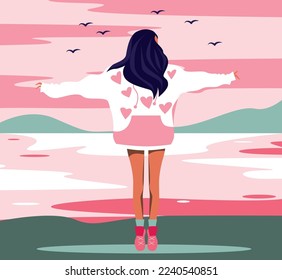 Vector graphics illustration design girl without a face in a hoodie sweater in nature on vacation bright illustration pink green color