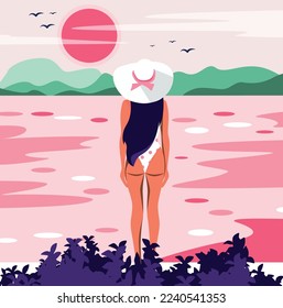 Vector graphics illustration design girl in a hat without a face in a bikini in nature on vacation bright illustration pink green