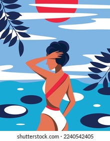 Vector graphics illustration design a girl without a face in a bikini swimsuit in nature on vacation swims in a lake or sea bright illustration blue red