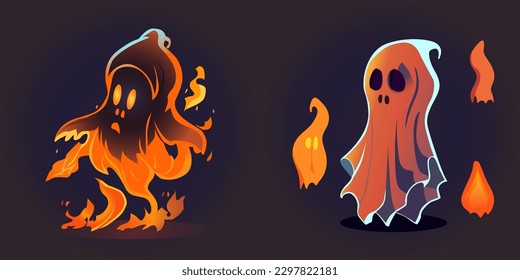 vector graphics illustration of a fire ghost. perfect for game character. Flying phantoms. Halloween scary ghostly monsters. Cute cartoon spooky characters, mascot or product logo.