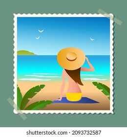 Vector graphics, illustration in the form of a stamp depicting a sea beach with a girl. Girl on the beach in a hat with large brim.
