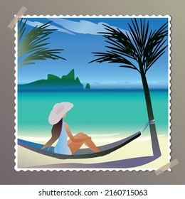 Vector graphics, illustration in the form of a stamp with an image of a sea beach with a girl. A girl on the beach in a hat with a large brim in a hammock. Sea holidays, travel.
