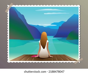 Vector graphics, illustration in the form of a stamp depicting mountains with a girl on a pier. Azure water and mountains, a very ramontic image. Holidays at sea, in the mountains, traveling.