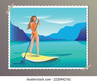 Vector graphics, illustration in the form of a stamp depicting mountains with SUP, standing on oars. Azure water and mountains, a very ramontic image. Holidays at sea, in the mountains, traveling.