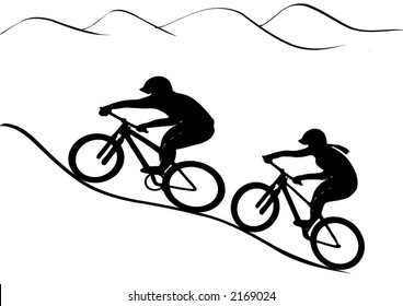 Vector Graphics Illustration. Girl And Boy Riding Uphill.