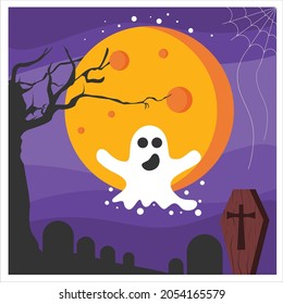 Vector Graphics illustration of Happy Halloween with cute character, moon, graveyard, tree branches, coffin,and purple scheme. Perfect for use as illustrations posted on social media or business