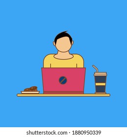 Vector graphics illustration of man in front of laptop with drinks and cakes.