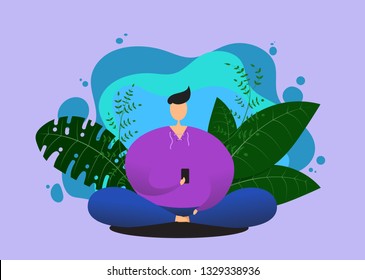 Vector graphics illustration of a man sitting surrounded by ferns with a mobile phone. The concept of interaction between mobile technology and humans