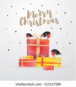 Vector graphics illustration. Merry Christmas and Happy New Year 2017. The graphic handmade gift boxes and cute bullfinches .imitatsiya watercolor without the background and transparency