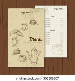 Vector graphics illustration painted by hand. The template for the cafe menu. Coffee card with different kinds of coffee, pancakes, croissants, coffee beans, coffee pot