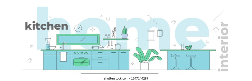 Vector graphics. Illustration of a room interior with objects in a minimalist style. Linear style Kitchen.