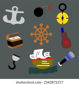 Vector graphics of illustration Set of pirate game icons, vector cartoon corsair objects, vintage parchment map, ancient treasure chest, rum bottle, jolly , elements on white color. 