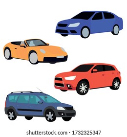 Vector graphics. The illustration shows cars of different sizes and colors, blue, red, yellow. Can be used in business for rental or sales.