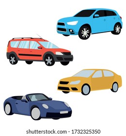 Vector graphics. The illustration shows cars of different sizes and colors, blue, red, yellow. Can be used in business for rental or sales.