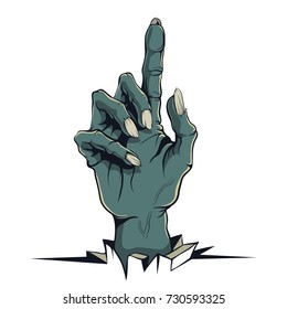 Vector graphics, illustration in the style of a comic Zombie hand with pointing finger.