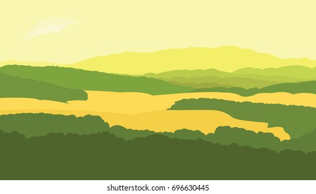 Vector Graphics illustration of a summer landscape. An image of the silhouettes of a forest, trees, mountains and fields.