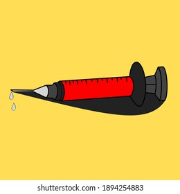 Vector graphics illustration of syringe, colored red, black, and gray. Good for medical products.