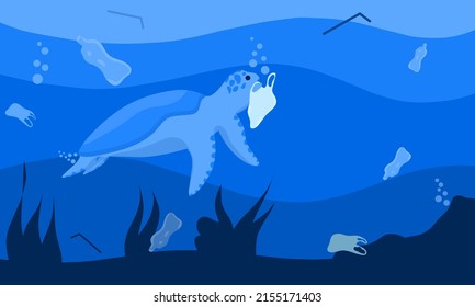 Vector graphics illustration of a turtle eating a plastic bag. Swimming surrounded by bottles and plastic waste. in the concept of plastic waste pollution in the sea.