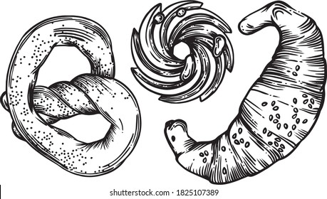 Vector graphics. Illustrations in the style of linear drawing. Black and white graphics. Croissants, various pastries, cakes, bagels, cupcakes, bagels, cookies. Images for menus and banners.