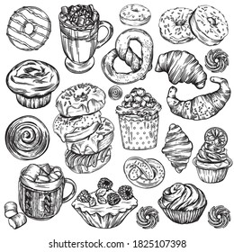 Vector graphics. Illustrations in the style of linear drawing. Black and white graphics. Croissants, various pastries, cakes, bagels, cupcakes, bagels, cookies. Images for menus and banners.
