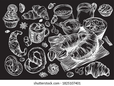 Vector graphics. Illustrations in the style of linear drawing. Black and white graphics. Croissants, various pastries, cakes, bagels, cupcakes, bagels, cookies. Images for menus and banners.