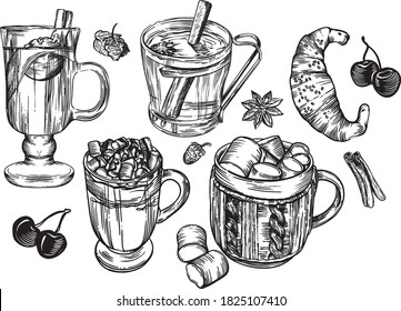 Vector graphics. Illustrations in the style of linear drawing. Black and white graphics. Croissants, various pastries, cakes, bagels, cupcakes, bagels, cookies. Images for menus and banners.