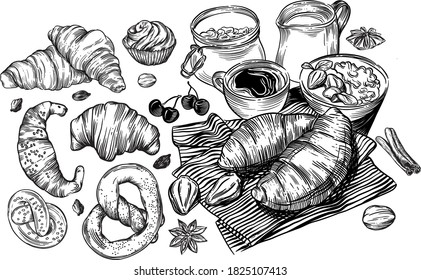 Vector graphics. Illustrations in the style of linear drawing. Black and white graphics. Croissants, various pastries, cakes, bagels, cupcakes, bagels, cookies. Images for menus and banners.