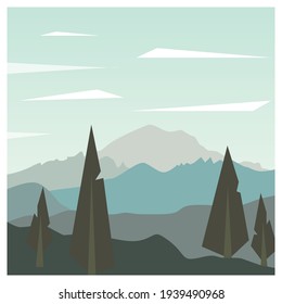 Vector graphics. Image of nature. Coniferous forest and high mountains at sunrise.